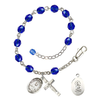 Sacred Heart of Jesus Scapular Rosary Bracelet with Pewter Crucifix and Charm, Birthstone 6mm Fire Polished Sapphire Beads for September, Bliss Manufacturing