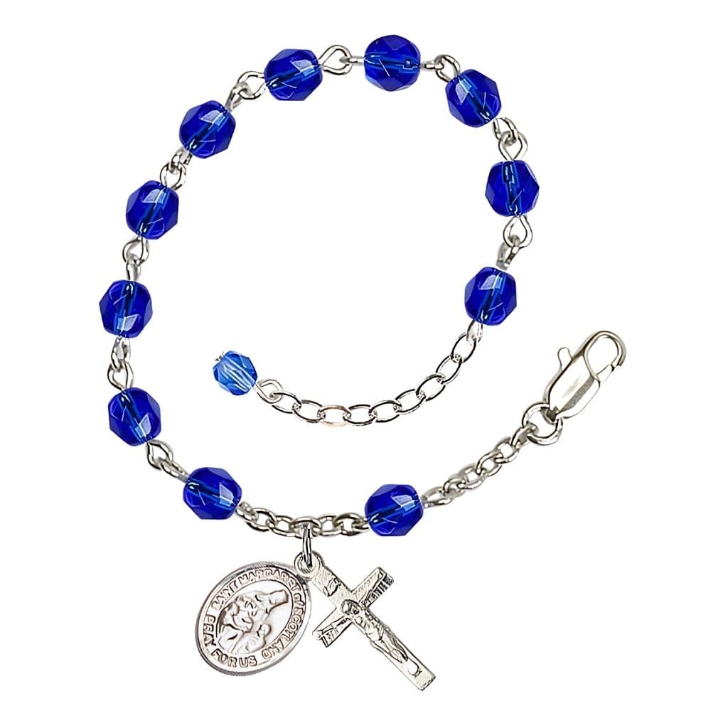 Bliss St. Margaret of Scotland September Birthstone 6mm Sapphire Fire Polished Beads Silver-Plated Rosary Bracelet with Pewter Crucifix and Medal