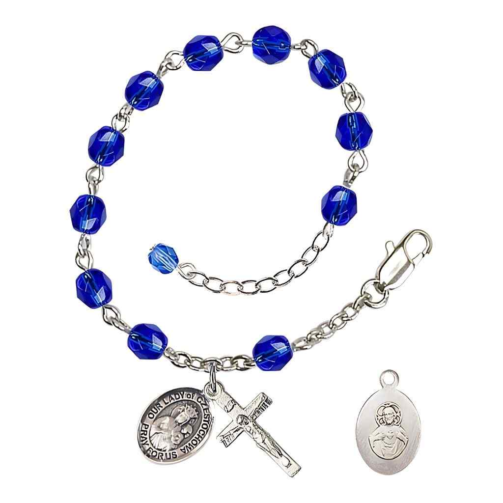Our Lady of Czestochowa Rosary Bracelet with Pewter Crucifix and Charm, Birthstone 6mm Fire Polished Sapphire Beads for September