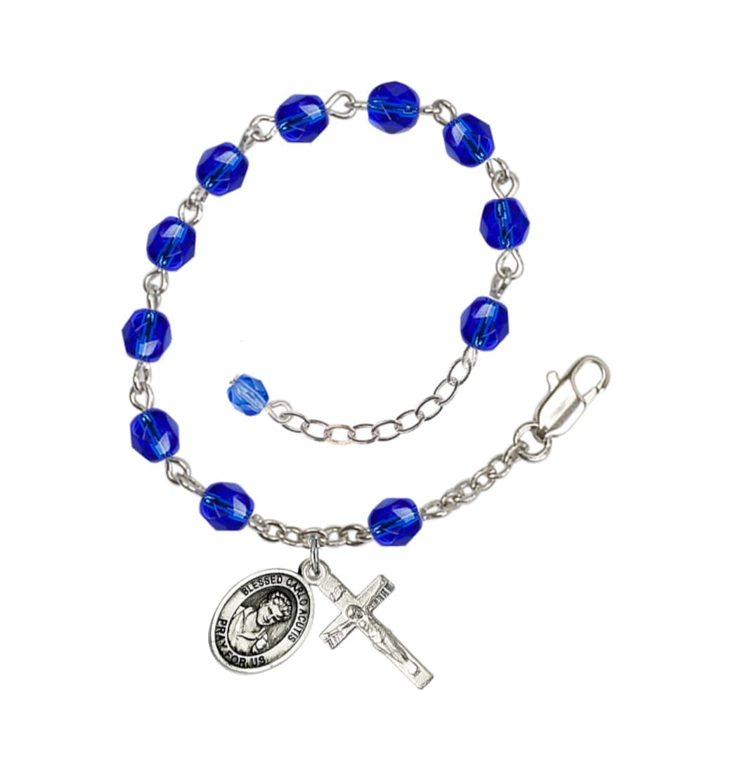 Bliss Silver-Plated Crystal Blessed Carlo Acutis Rosary Bracelet,Birthstone September Sapphire,