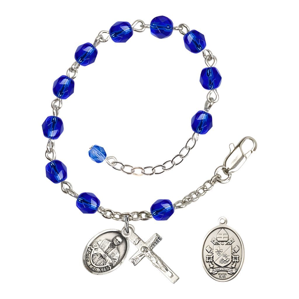 Bliss Pope Leo XIV Birthstone 6mm Fire Polished Silver-plated Rosary Bracelet with birthstone fire-polished sapphire beads
