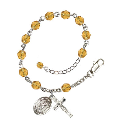 Silver-Plated Crystal St Barbara Birthstone Rosary Bracelet in Topaz, Bliss Manufacturing
