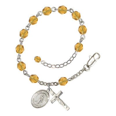 St. Joan of Arc Rosary Bracelet with Pewter Crucifix and Charm, Birthstone 6mm Fire Polished Topaz Beads for November, Bliss Manufacturing