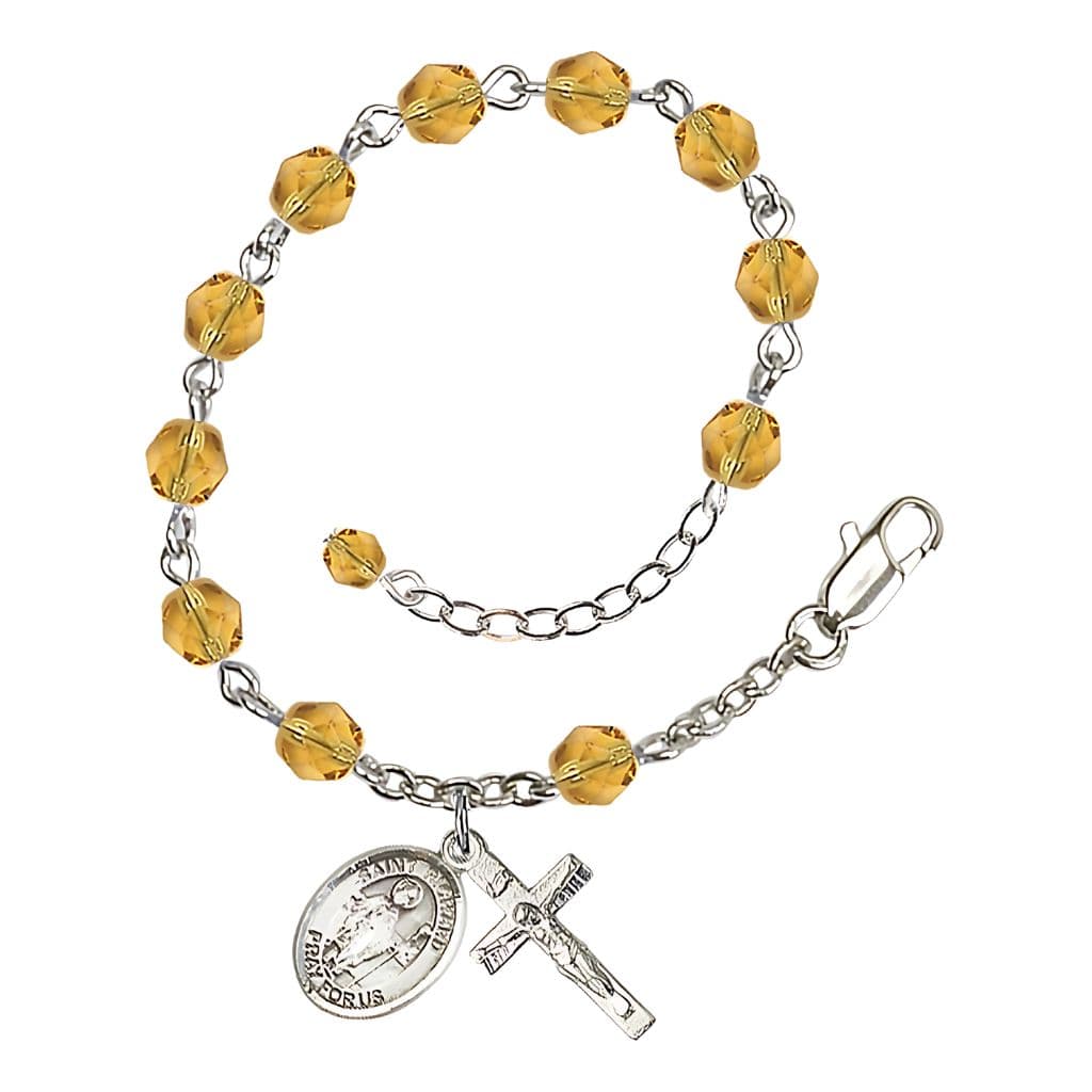 Bliss St. Richard Help Birthstone Heart Rosary Bracelet in Fire Polished Topaz,