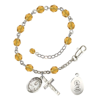 Sacred Heart of Jesus Scapular Rosary Bracelet with Pewter Crucifix and Charm, Birthstone 6mm Fire Polished Topaz Beads for November, Bliss Manufacturing