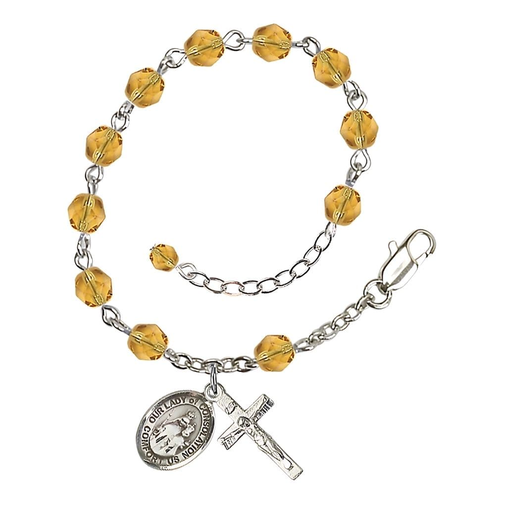 Bliss Our Lady of Consolation Birthstone Silver Rosary Bracelet in Topaz,