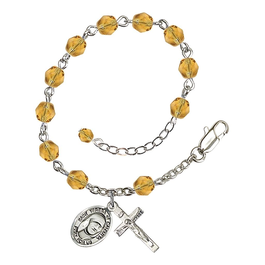 Bliss St. Teresa of Calcutta Birthstone Rosary Bracelet, Topaz 6mm Fire Polished Beads