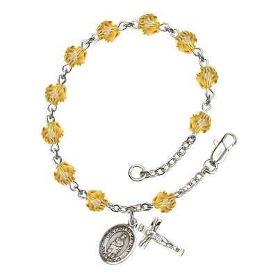 Catholic Our Lady of Victory November Birthstone Topaz 6mm Fire Polished Silver-plated Rosary Bracelet with Pewter Centerpiece and Crucifix, Bliss Manufacturing