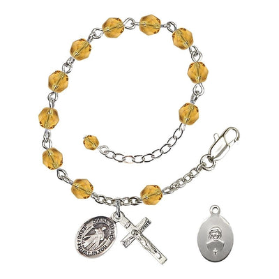 Jesus Divine Mercy Rosary Bracelet with Pewter Crucifix and Charm, Birthstone 6mm Fire Polished Topaz Beads for November, Bliss Manufacturing