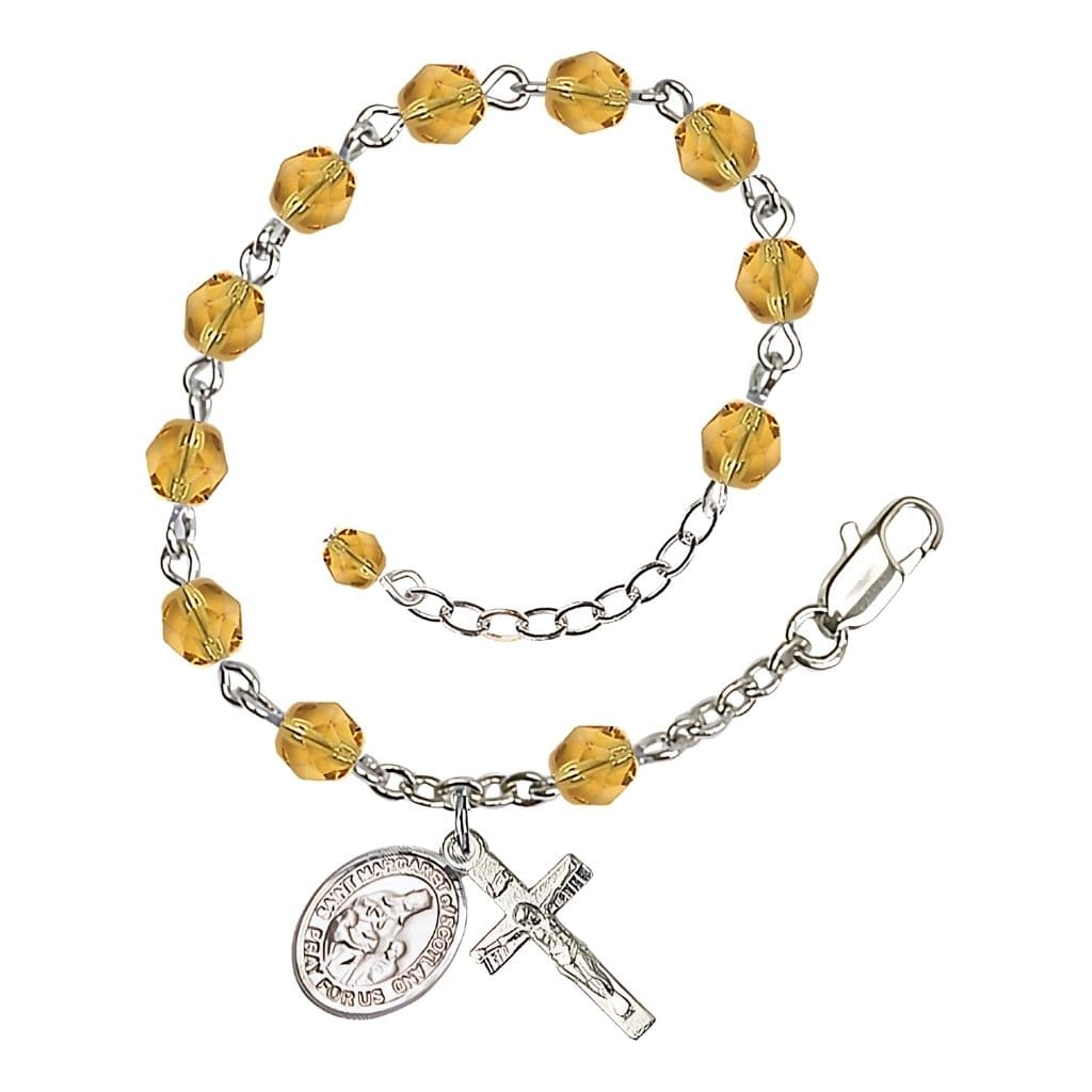 Bliss St. Margaret of Scotland November Birthstone 6mm Topaz Fire Polished Beads Silver-Plated Rosary Bracelet with Pewter Crucifix and Medal