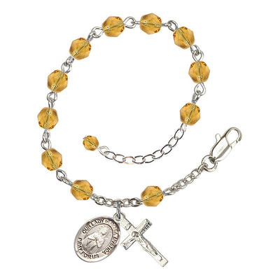 Bliss Our Lady of Rosa Mystica Rosary Bracelet with Gold-filled Crucifix and Charm, Birthstone 6mm Austrian Crystal Topaz Beads for November