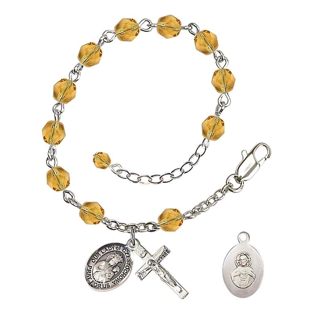 Our Lady of Czestochowa Rosary Bracelet with Pewter Crucifix and Charm, Birthstone 6mm Fire Polished Topaz Beads for November