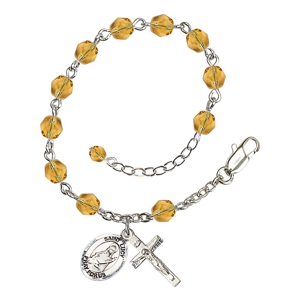 St. Lucy Birthstone Silver-Plated Rosary Bracelet in Topaz,