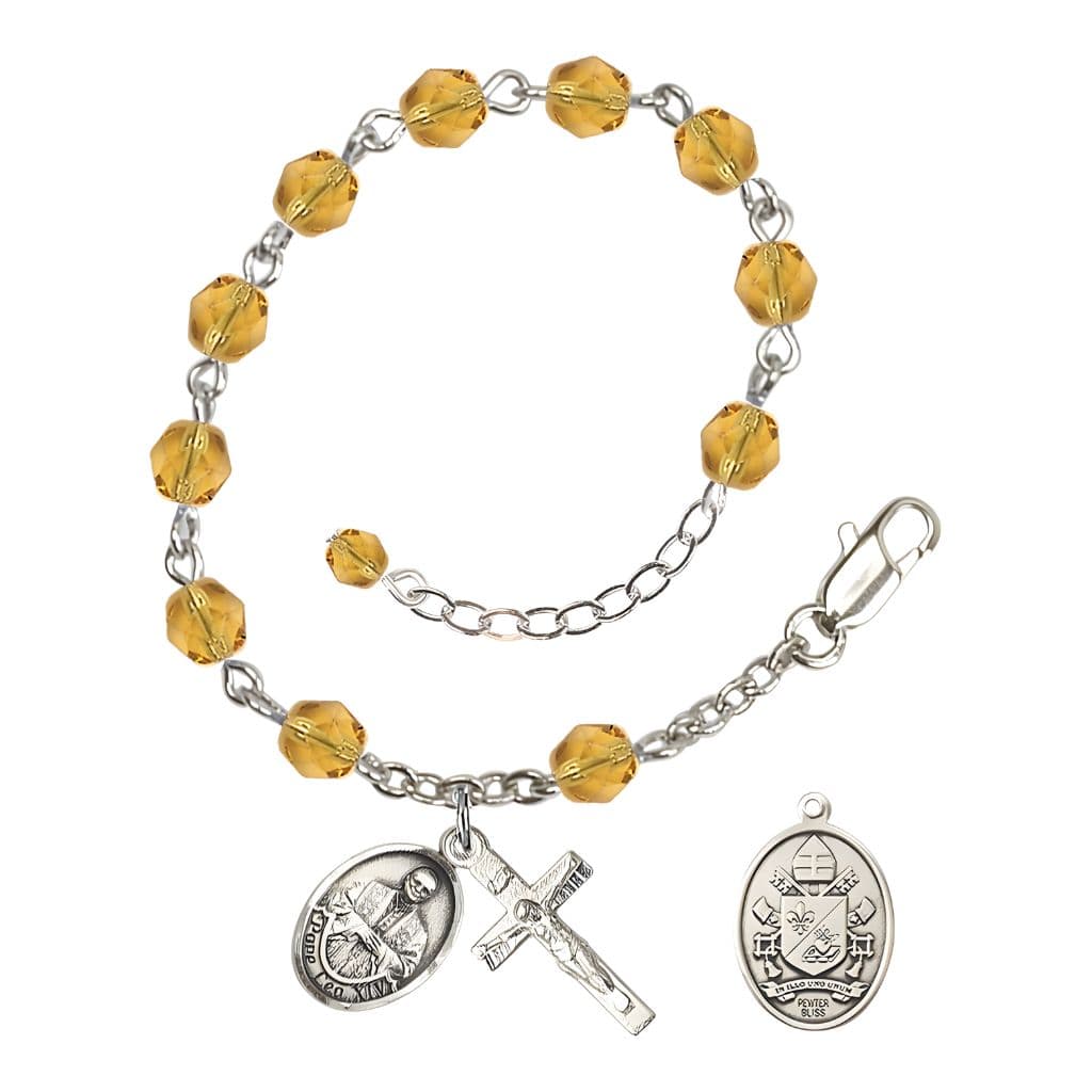 Bliss Pope Leo XIV Birthstone 6mm Fire Polished Silver-plated Rosary Bracelet with birthstone fire-polished topaz beads