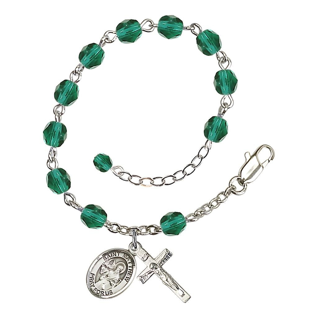 St. Matthew the Apostle Birthstone 6mm Zircon Fire Polished Rosary Bracelet with Pewter Crucifix and Centerpiece