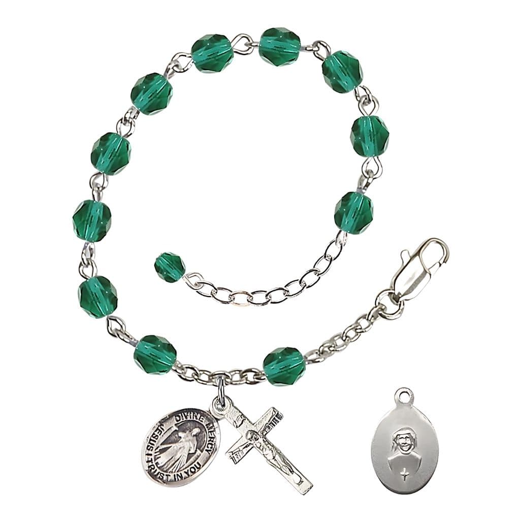 Bliss Jesus Divine Mercy Rosary Bracelet with Pewter Crucifix and Charm, Birthstone 6mm Fire Polished Zircon Beads for December