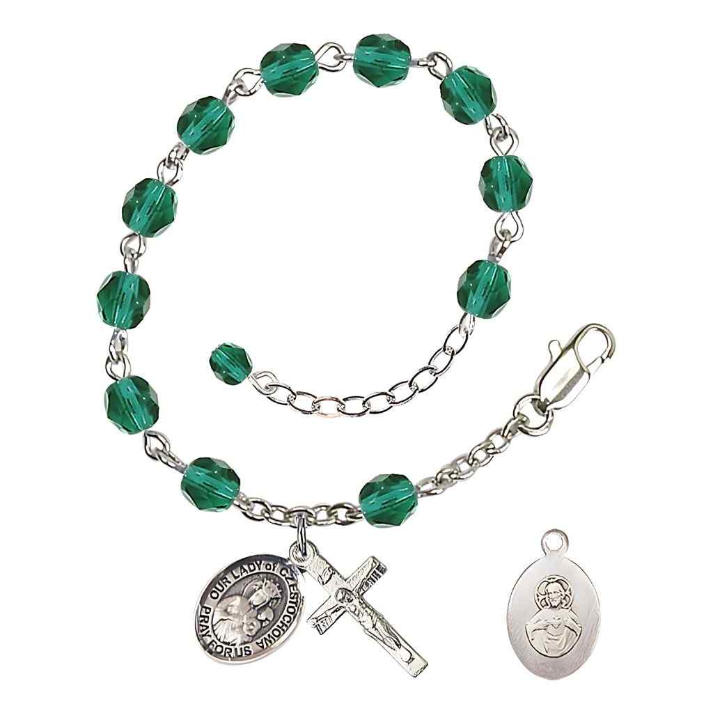 Our Lady of Czestochowa Rosary Bracelet with Pewter Crucifix and Charm, Birthstone 6mm Fire Polished Zircon Beads for December