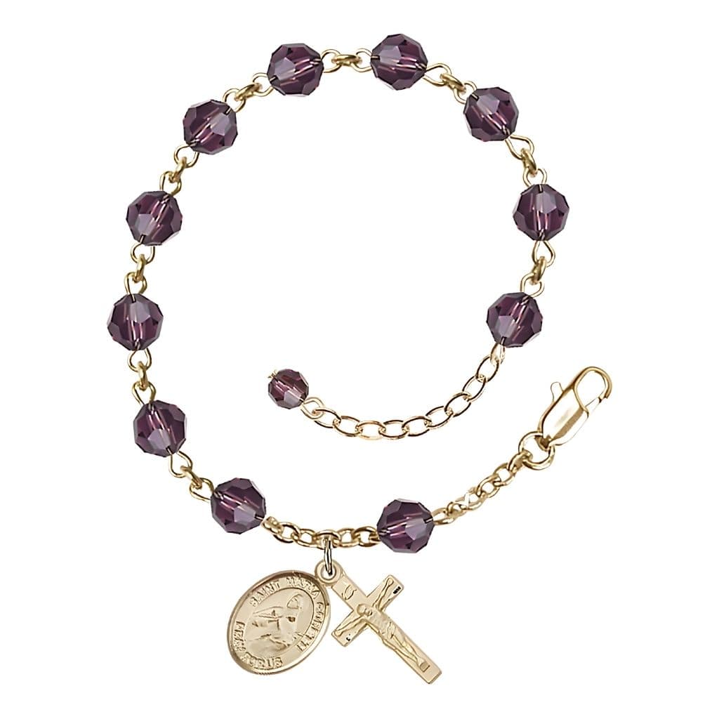 Bliss St. Maria Goretti Birthstone Gold Austrian Crystal Rosary Bracelet in Amethyst,