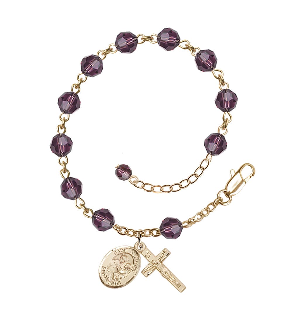 Bliss Gold Filled Crystal St Anthony of Padua Birthstone Rosary Bracelet in Amethyst,