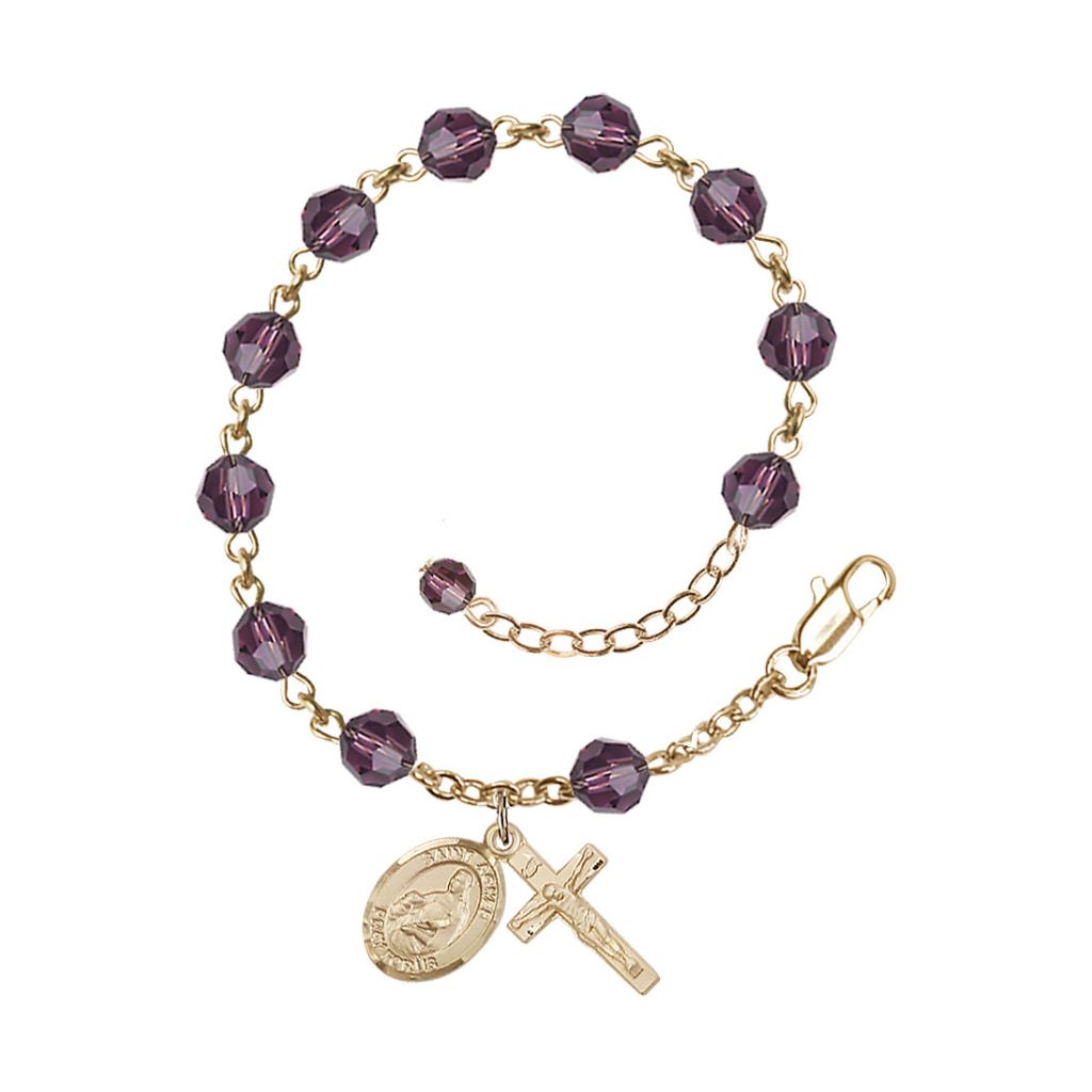 Gold Filled Crystal St Agnes of Rome Birthstone Rosary Bracelet in Amethyst, Bliss Manufacturing