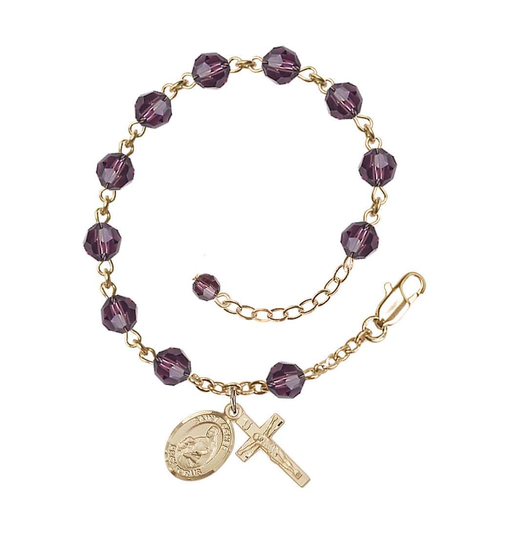 Bliss 14kt Gold Crystal St Agnes of Rome Birthstone Rosary Bracelet in Amethyst,