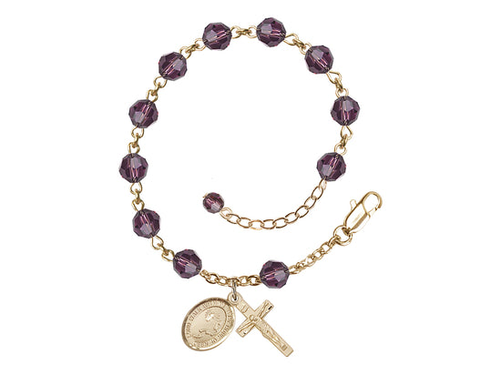 Footprint Cross 6mm Austrian Amethyst Crystal Gold-Filled Rosary Bracelet