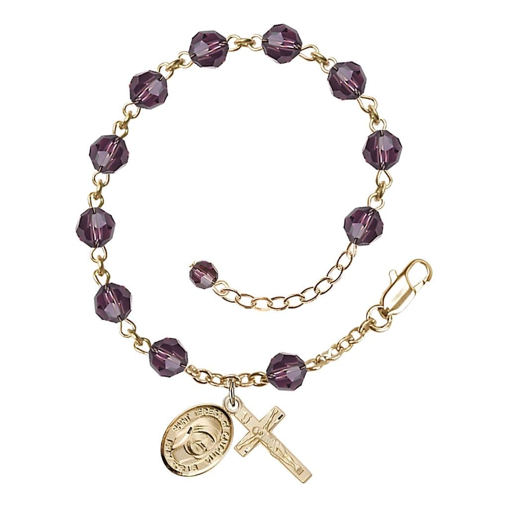 Bliss St. Teresa of Calcutta Birthstone 14kt Gold Amethyst Austrian Crystal Rosary Bracelet,