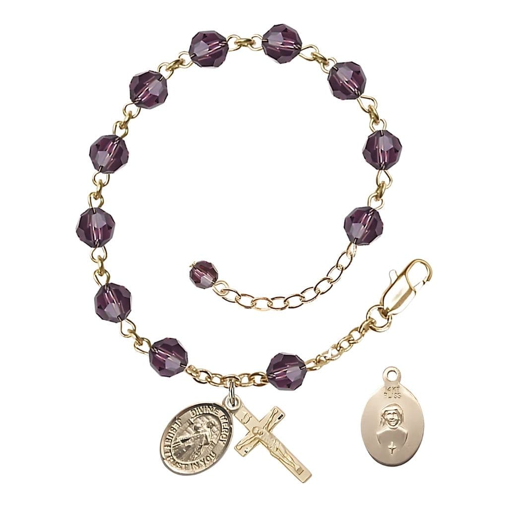 Bliss Jesus Divine Mercy Rosary Bracelet with 14kt Gold Crucifix and Charm, Birthstone 6mm Austrian Crystal Amethyst Beads for February