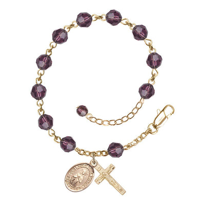 Bliss Our Lady of Rosa Mystica Rosary Bracelet with 14kt Gold Crucifix and Charm, Birthstone 6mm Austrian Crystal Amethyst Beads for February