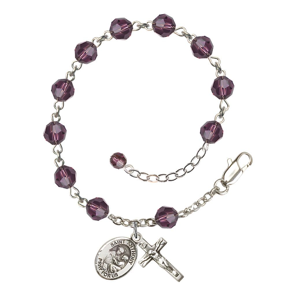Sterling Silver Crystal St Anthony of Padua Birthstone Rosary Bracelet in Amethyst, Bliss Manufacturing