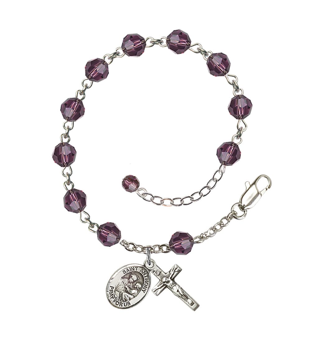 Bliss Sterling Silver Crystal St Anthony of Padua Birthstone Rosary Bracelet in Amethyst,