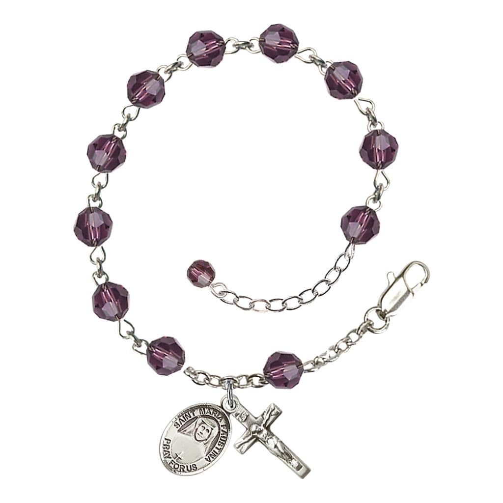 Bliss St. Maria Faustina Birthstone Sterling Silver 6mm Amethyst Austrian Crystal Rosary Bracelet,