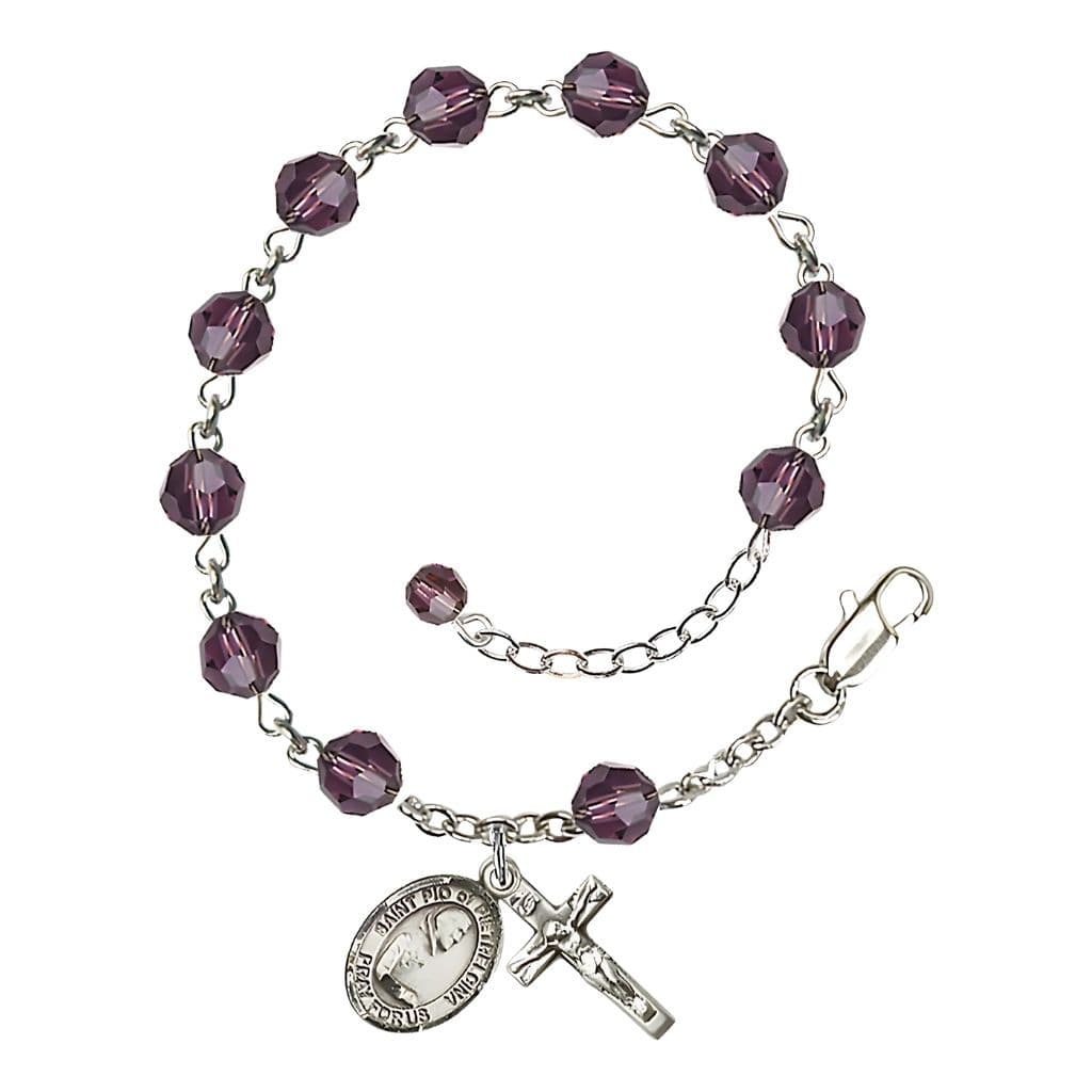 Bliss St. Padre Pio of Pietrelcina Birthstone Rosary Sterling Silver Bracelet with amethyst 6mm Austrian crystal beads