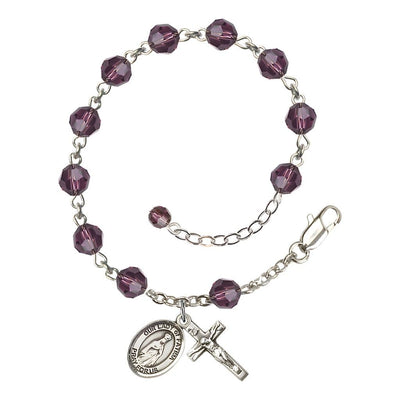 Our Lady of Fatima Rosary Bracelet with Sterling Silver Crucifix and Charm, Birthstone 6mm Austrian Crystal Amethyst Beads for February, Bliss Manufacturing