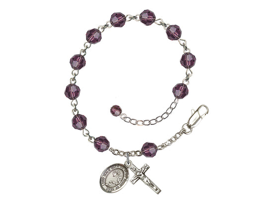 Footprints Cross 6mm Austrian Amethyst Crystal Sterling Silver Rosary Bracelet