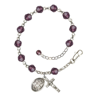 St. Isidore the Farmer Rosary Bracelet with Sterling Silver Crucifix and Charm, Birthstone 6mm Austrian Crystal Amethyst Beads for February, Bliss Manufacturing