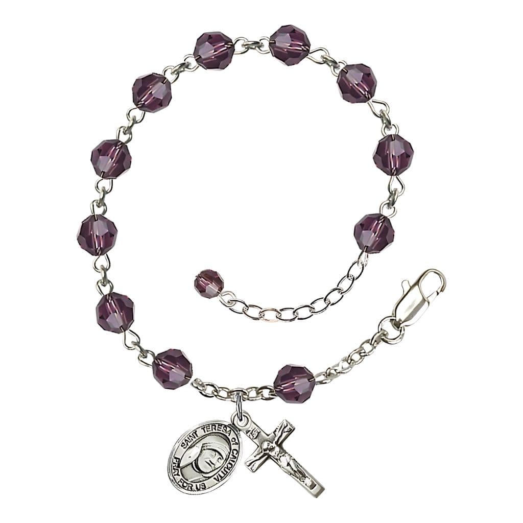 Bliss St. Teresa of Calcutta Birthstone Sterling Silver Amethyst 6mm Austrian Crystal Rosary Bracelet