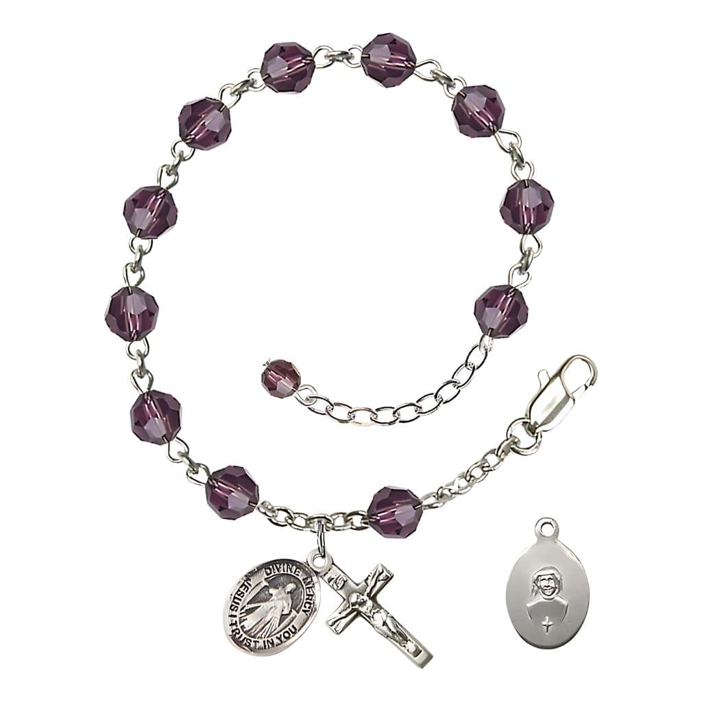 Bliss Jesus Divine Mercy Rosary Bracelet with Sterling Silver Crucifix and Charm, Birthstone 6mm Austrian Crystal Amethyst Beads for February