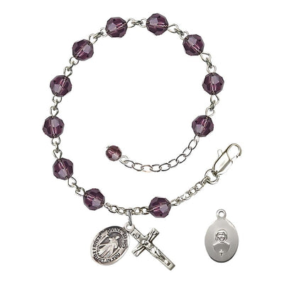 Jesus Divine Mercy Rosary Bracelet with Sterling Silver Crucifix and Charm, Birthstone 6mm Austrian Crystal Amethyst Beads for February, Bliss Manufacturing