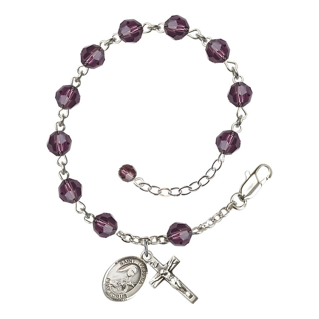 St. Theresa 6mm Amethyst Austrian Crystal February Birthstone Sterling Silver Rosary Bracelet