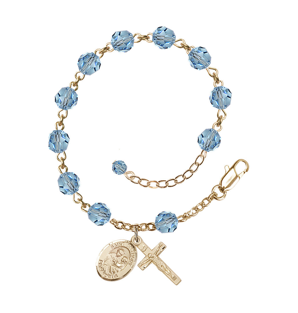 Bliss Adjustable 14kt Gold 6mm Austrian Crystal Saint Anthony of Padua Rosary Bracelet in Aqua,