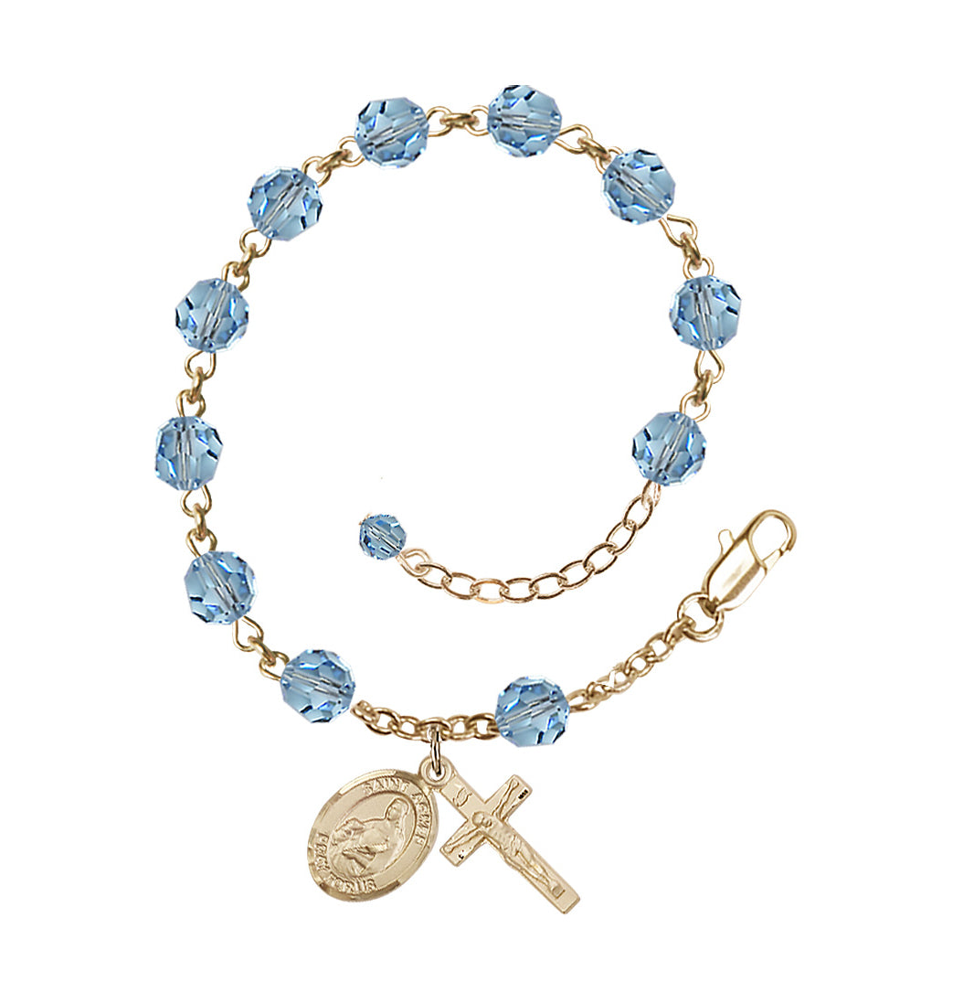 Bliss 14kt Gold Crystal St Agnes of Rome Birthstone Rosary Bracelet in Aqua,