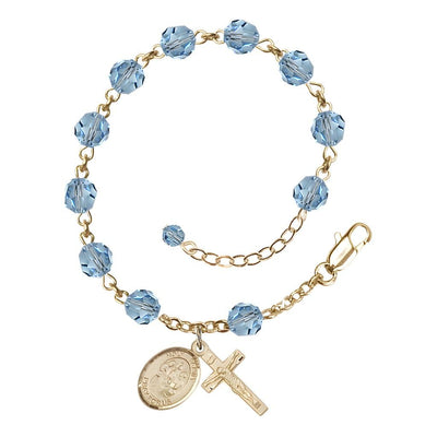 Holy Family Rosary Bracelet with 14kt Gold-filled Crucifix and Medal, Birthstone 6mm Austrian Crystal Aqua Beads for March, Bliss Manufacturing