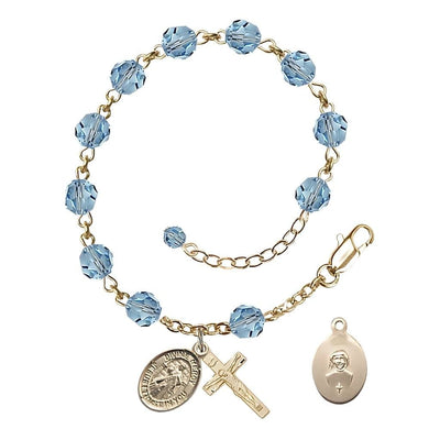 Jesus Divine Mercy Rosary Bracelet with Gold-filled Crucifix and Charm, Birthstone 6mm Austrian Crystal Aqua Beads for March, Bliss Manufacturing