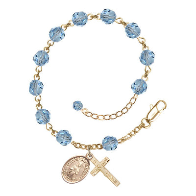 Bliss Our Lady of Rosa Mystica Rosary Bracelet with Gold-filled Crucifix and Charm, Birthstone 6mm Austrian Crystal Aqua Beads for March