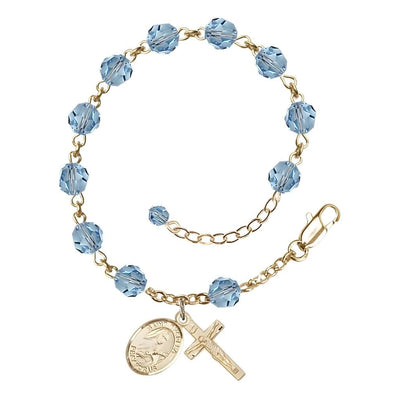 St. Theresa March Birthstone Aqua 6mm Austrian Crystal Gold-filled Rosary Bracelet with 14kt Gold-filled Crucifix and Saint Medal, Bliss Manufacturing