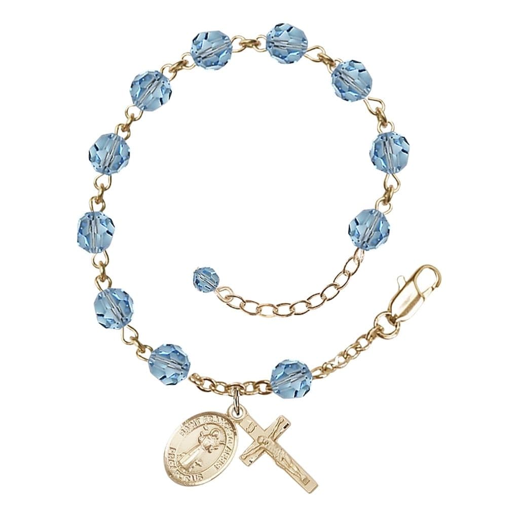 Bliss St. Francis of Assisi 6mm Austrian Crystal Bead Birthstone Rosary 14kt Gold Bracelet in Aqua
