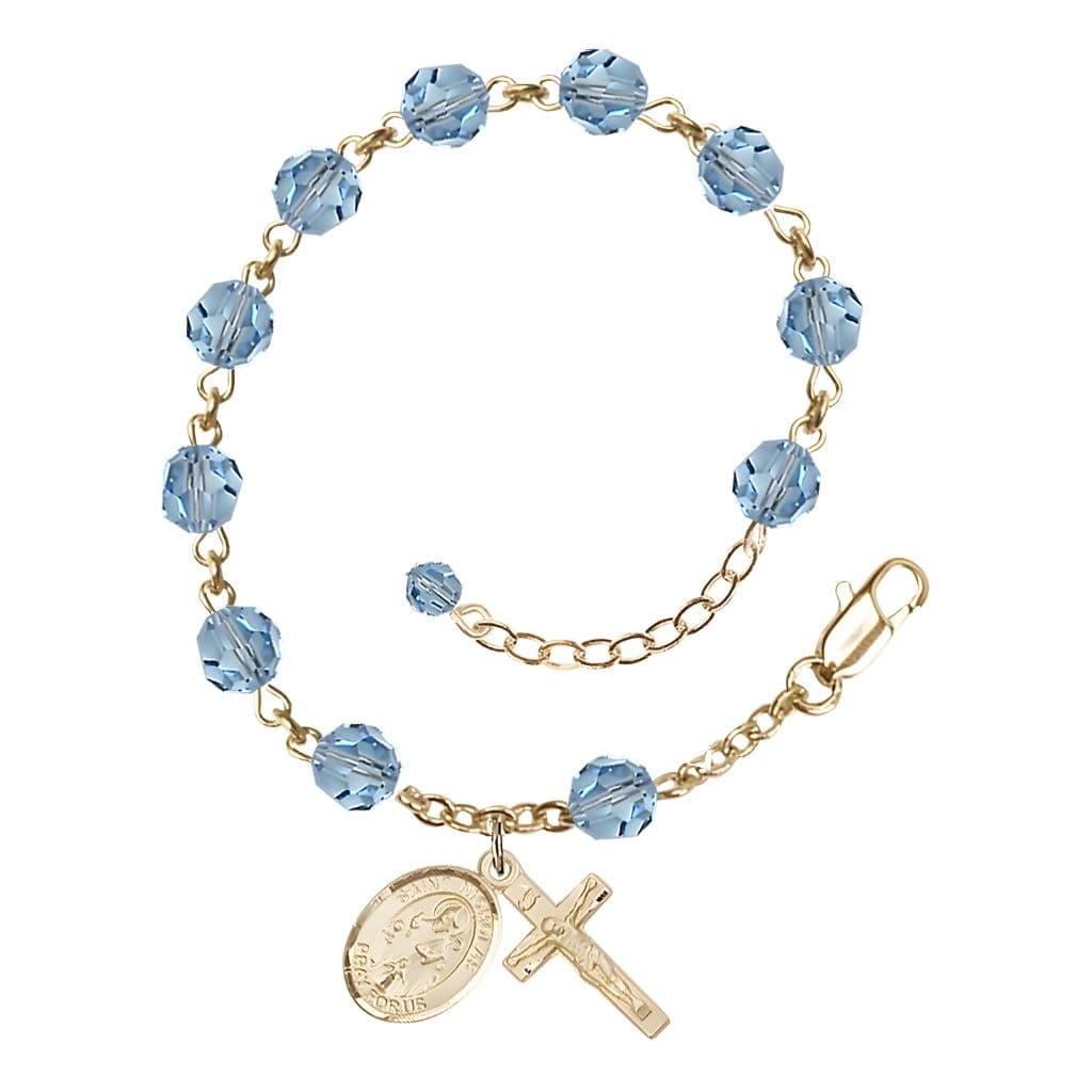 Bliss St. Nicholas Rosary Bracelet with 14kt Gold Centerpiece and Crucifix, March Birthstone 6mm Aqua Austrian Crystal Beads
