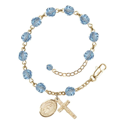 Our Lady of Fatima Rosary Bracelet with 14kt Gold Crucifix and Charm, Birthstone 6mm Austrian Crystal Aqua Beads for March, Bliss Manufacturing