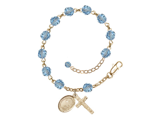 Aqua 6mm Austrian Crystal Footprint Cross Gold Rosary Bracelet by Bliss